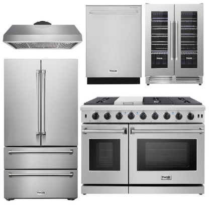THOR Package - 48" Gas Range, Range Hood, Refrigerator, Dishwasher & Wine Cooler, AP-LRG4807U-4