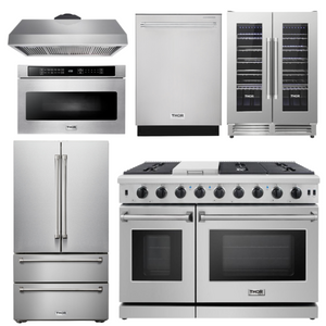 THOR Kitchen Package - 48" Gas Range, Range Hood, Refrigerator, Dishwasher, Wine Cooler, Microwave, AP-LRG4807U-8