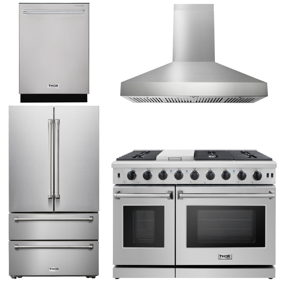 THOR Kitchen Package - 48" Gas Range, Range Hood, Dishwasher, Refrigerator, AP-LRG4807U-W-11