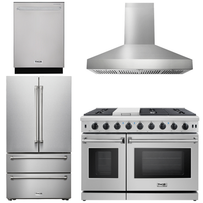 THOR Kitchen Package - 48" Gas Range, Range Hood, Dishwasher, Refrigerator, AP-LRG4807U-W-11