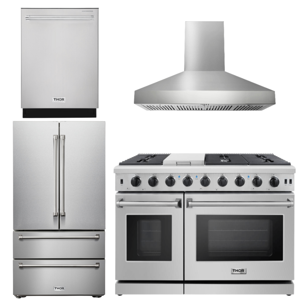 THOR Kitchen Package - 48" Gas Range, Range Hood, Dishwasher, Refrigerator, AP-LRG4807U-W-2