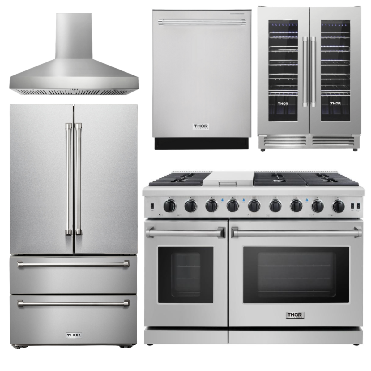 THOR Package - 48" Gas Range, Range Hood, Refrigerator, Dishwasher, Wine Cooler, AP-LRG4807U-W-3