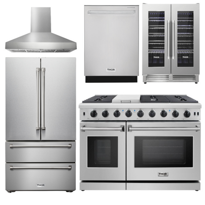 THOR Package - 48" Gas Range, Range Hood, Refrigerator, Dishwasher, Wine Cooler, AP-LRG4807U-W-3