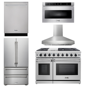 THOR Kitchen Package - 48" Gas Range, Range Hood, Dishwasher, Refrigerator, Microwave, AP-LRG4807U-W-5
