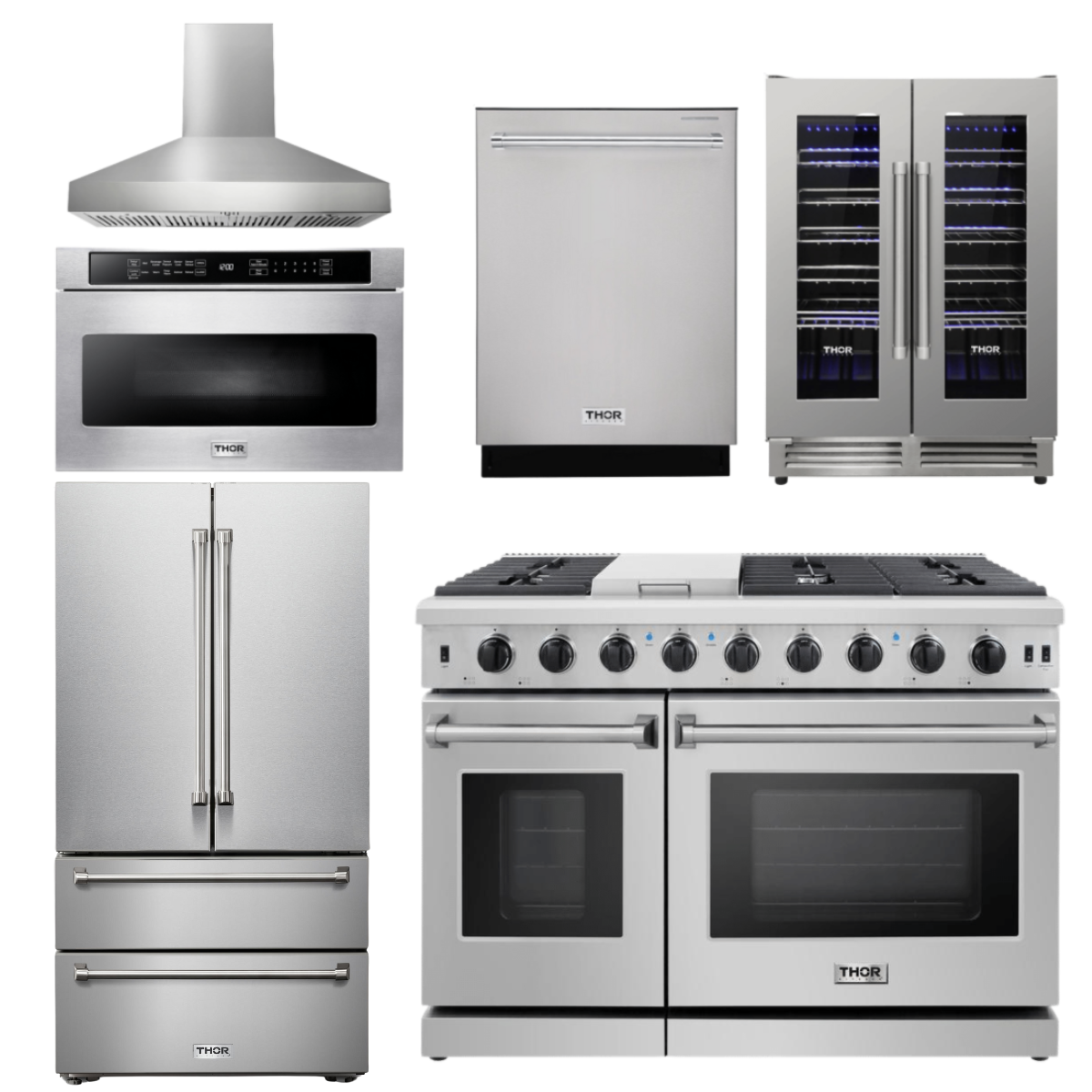 THOR Kitchen Package - 48" Gas Range, Range Hood, Refrigerator, Dishwasher, Wine Cooler, Microwave, AP-LRG4807U-W-6