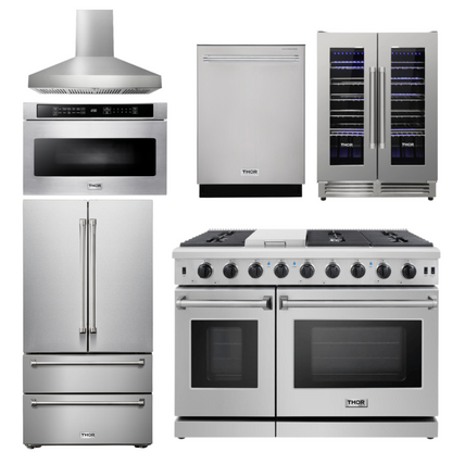 THOR Kitchen Package - 48" Gas Range, Range Hood, Refrigerator, Dishwasher, Wine Cooler, Microwave, AP-LRG4807U-W-6