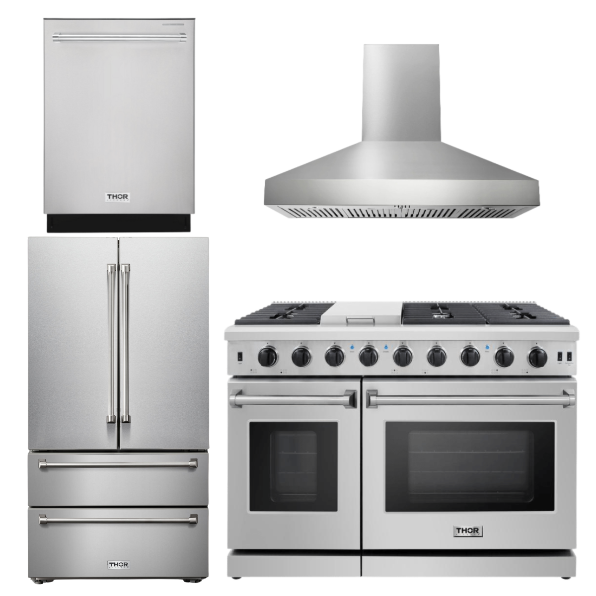 THOR Kitchen Package - 48" Propane Gas Range, Range Hood, Dishwasher, Refrigerator, AP-LRG4807ULP-W-2