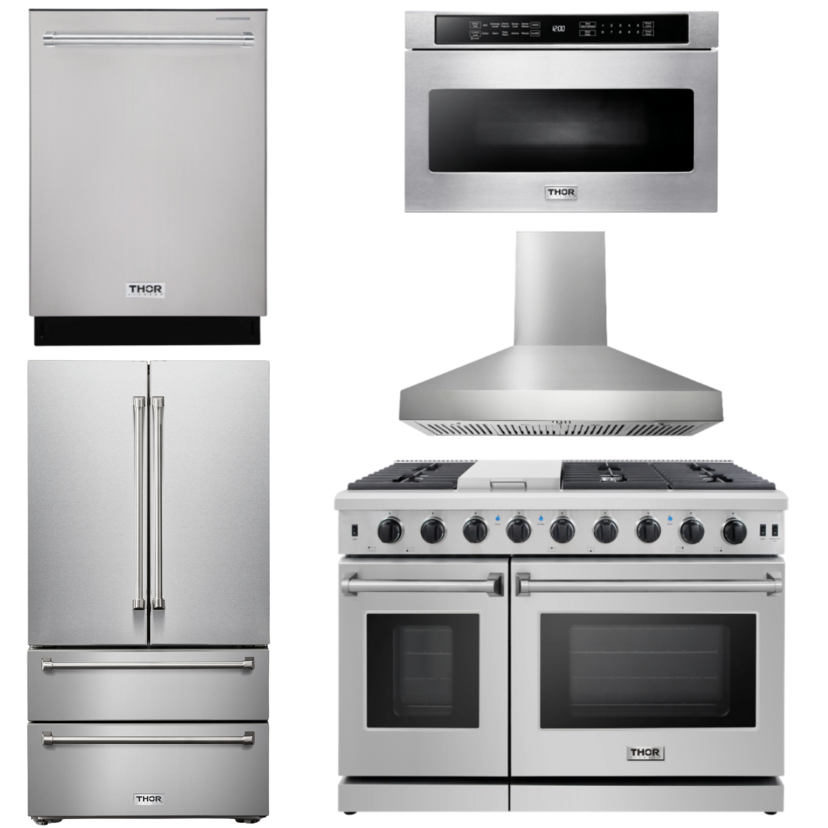THOR Kitchen Package - 48" Propane Gas Range, Range Hood, Dishwasher, Refrigerator, Microwave, AP-LRG4807ULP-W-5