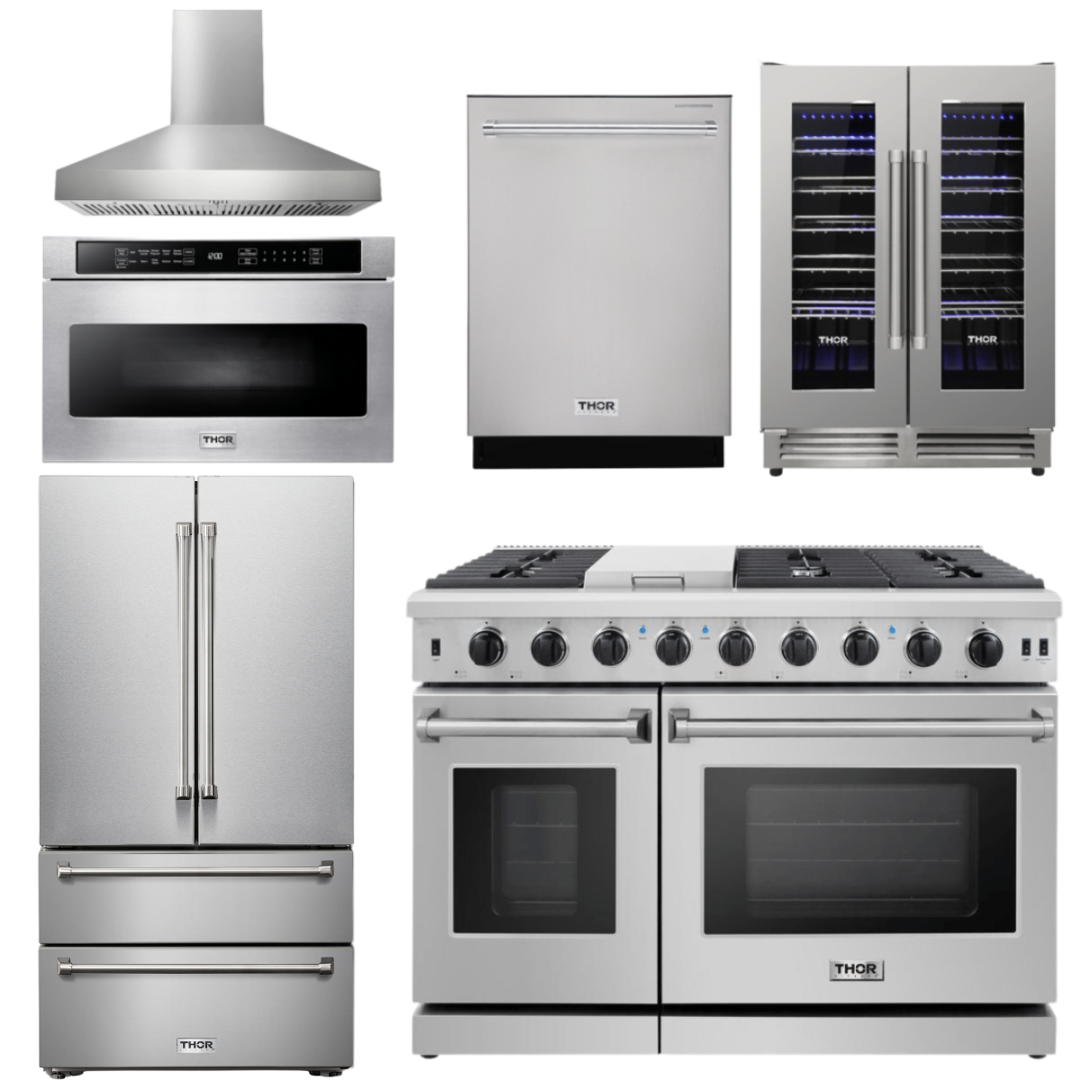 THOR Kitchen Package - 48" Propane Gas Range, Range Hood, Refrigerator, Dishwasher, Wine Cooler, Microwave, AP-LRG4807ULP-W-6