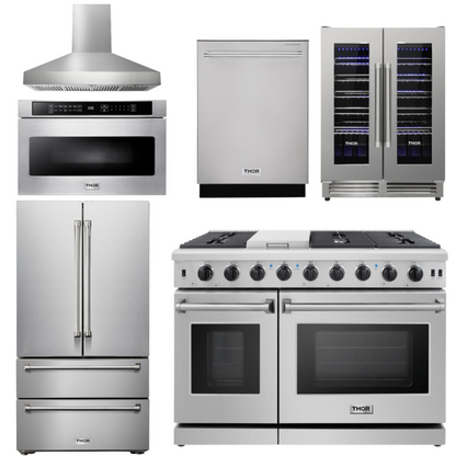 THOR Kitchen Package - 48" Propane Gas Range, Range Hood, Refrigerator, Dishwasher, Wine Cooler, Microwave, AP-LRG4807ULP-W-6