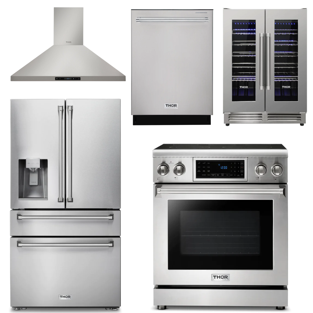 THOR Kitchen Package - 30" Electric Range, Range Hood, Refrigerator with Water and Ice Dispenser, Dishwasher, Wine Cooler, AP-TRE3001-11