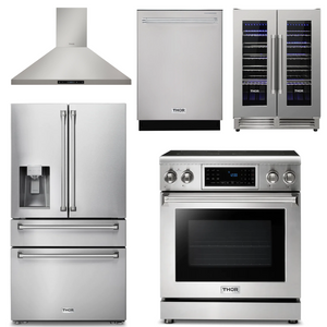 THOR Kitchen Package - 30" Electric Range, Range Hood, Refrigerator with Water and Ice Dispenser, Dishwasher, Wine Cooler, AP-TRE3001-11