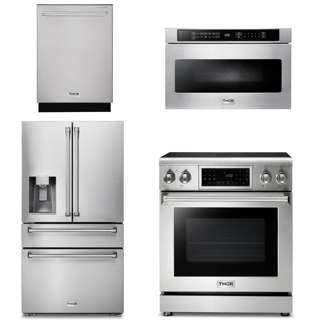 THOR Kitchen Package - 30" Electric Range, Microwave, Refrigerator with Water and Ice Dispenser, Dishwasher, AP-TRE3001-12