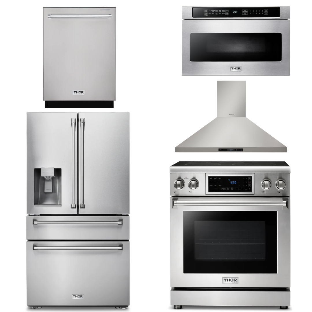 THOR Kitchen Package - 30" Electric Range, Range Hood, Microwave, Refrigerator with Water and Ice Dispenser, Dishwasher, AP-TRE3001-13