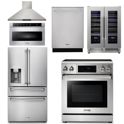 THOR Kitchen Package - 30" Electric Range, Hood, Microwave Drawer, Refrigerator with Water & Ice Dispenser, Dishwasher, Wine Cooler