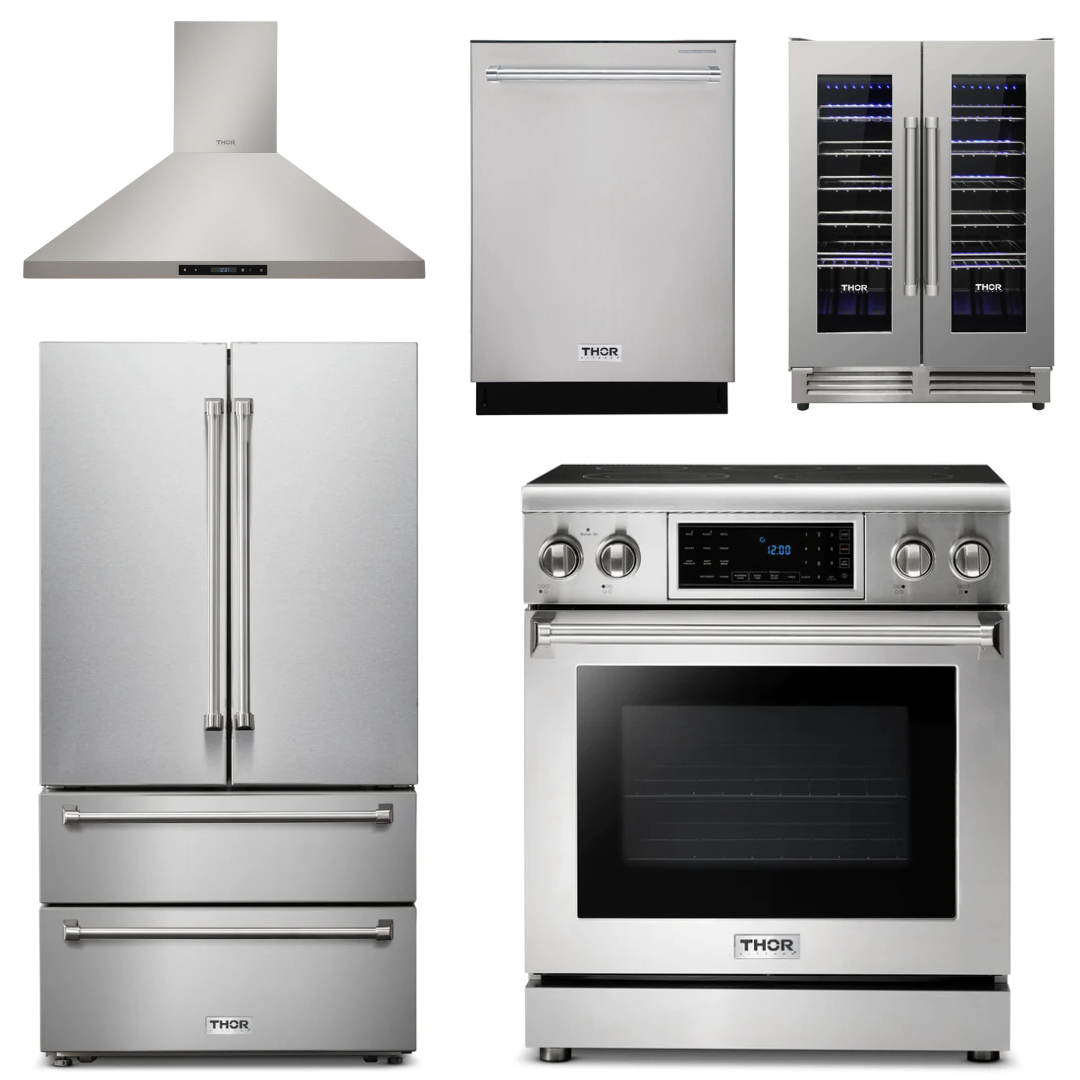 THOR Kitchen Package - 30" Electric Range, Range Hood, Refrigerator, Dishwasher, Wine Cooler, AP-TRE3001-4