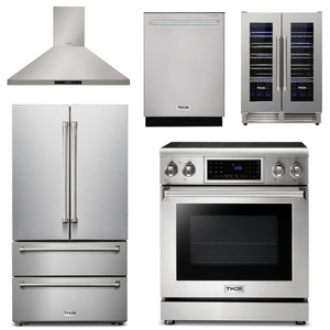 THOR Kitchen Package - 30" Electric Range, Range Hood, Refrigerator, Dishwasher, Wine Cooler, AP-TRE3001-4