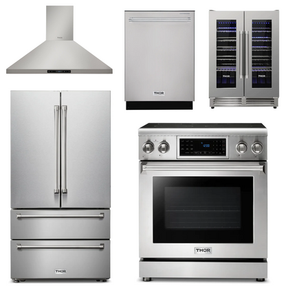 THOR Kitchen Package - 30" Electric Range, Range Hood, Refrigerator, Dishwasher, Wine Cooler, AP-TRE3001-4