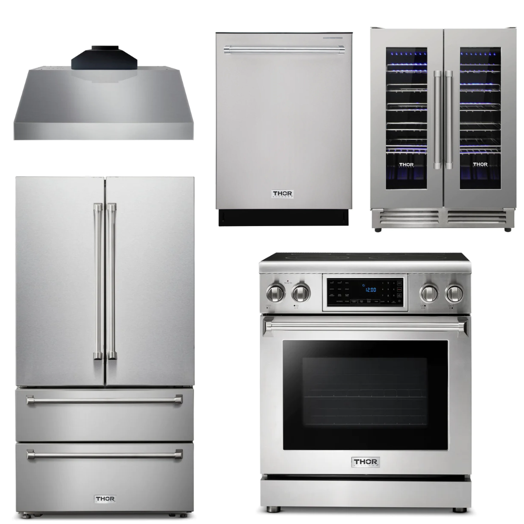 THOR Kitchen Package - 30" Electric Range, Range Hood, Refrigerator, Dishwasher, Wine Cooler, AP-TRE3001-C-3