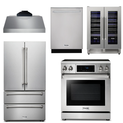 THOR Kitchen Package - 30" Electric Range, Range Hood, Refrigerator, Dishwasher, Wine Cooler, AP-TRE3001-C-3