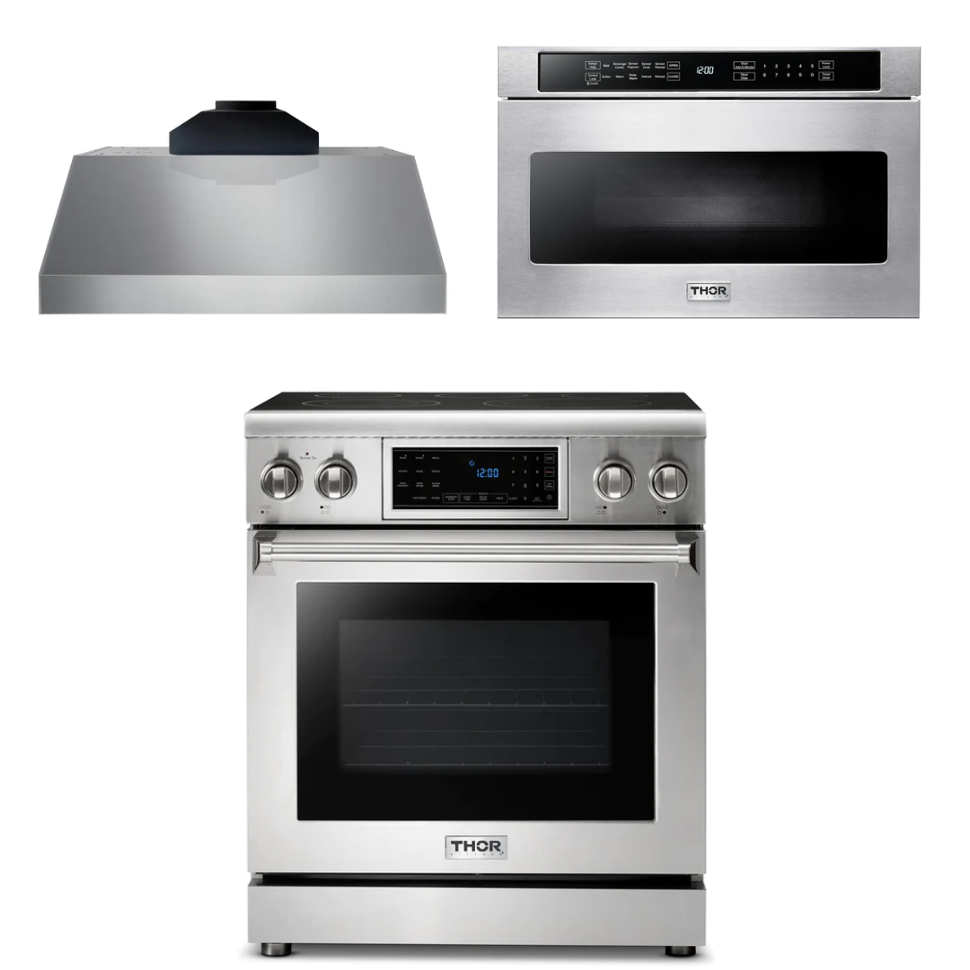 THOR Kitchen Package - 30" Electric Range, Range Hood, Microwave, AP-TRE3001-C-4