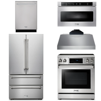 THOR Kitchen Package - 30" Electric Range, Range Hood, Microwave, Refrigerator, Dishwasher, AP-TRE3001-C-5