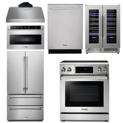 THOR Kitchen Package - 30" Electric Range, Range Hood, Microwave, Refrigerator, Dishwasher, Wine Cooler, AP-TRE3001-C-6