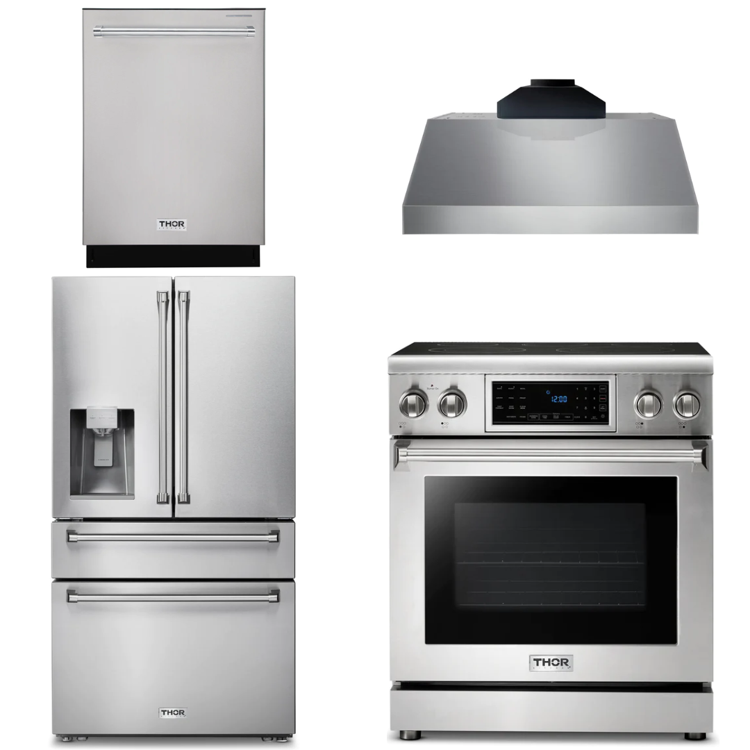 THOR Kitchen Package - 30" Electric Range, Range Hood, Refrigerator with Water and Ice Dispenser, Dishwasher, AP-TRE3001-C-7