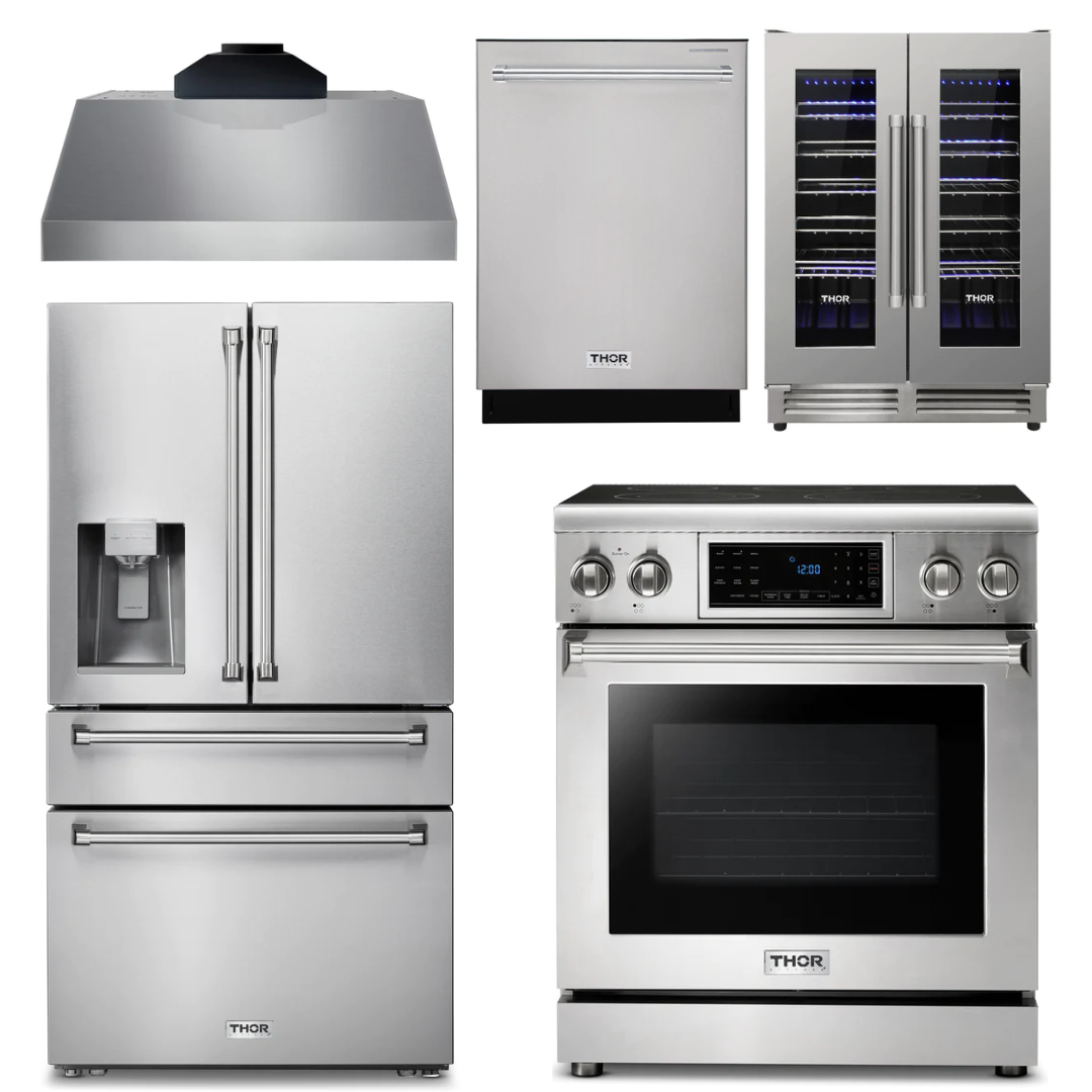 THOR Kitchen Package - 30" Electric Range, Range Hood, Refrigerator with Water and Ice Dispenser, Dishwasher, Wine Cooler, AP-TRE3001-C-8
