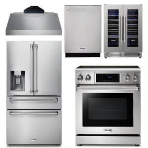 THOR Kitchen Package - 30" Electric Range, Range Hood, Refrigerator with Water and Ice Dispenser, Dishwasher, Wine Cooler, AP-TRE3001-C-8