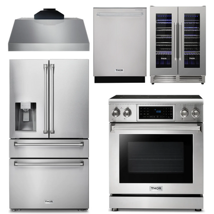 THOR Kitchen Package - 30" Electric Range, Range Hood, Refrigerator with Water and Ice Dispenser, Dishwasher, Wine Cooler, AP-TRE3001-C-8