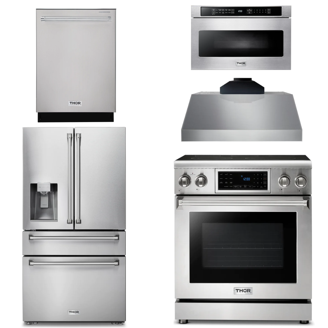 THOR Kitchen Package - 30" Electric Range, Range Hood, Microwave, Refrigerator with Water and Ice Dispenser, Dishwasher, AP-TRE3001-C-9
