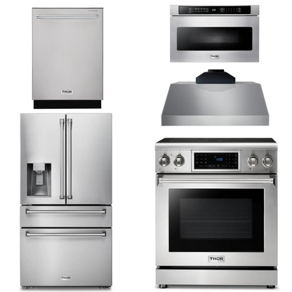 THOR Kitchen Package - 30" Electric Range, Range Hood, Microwave, Refrigerator with Water and Ice Dispenser, Dishwasher, AP-TRE3001-C-9
