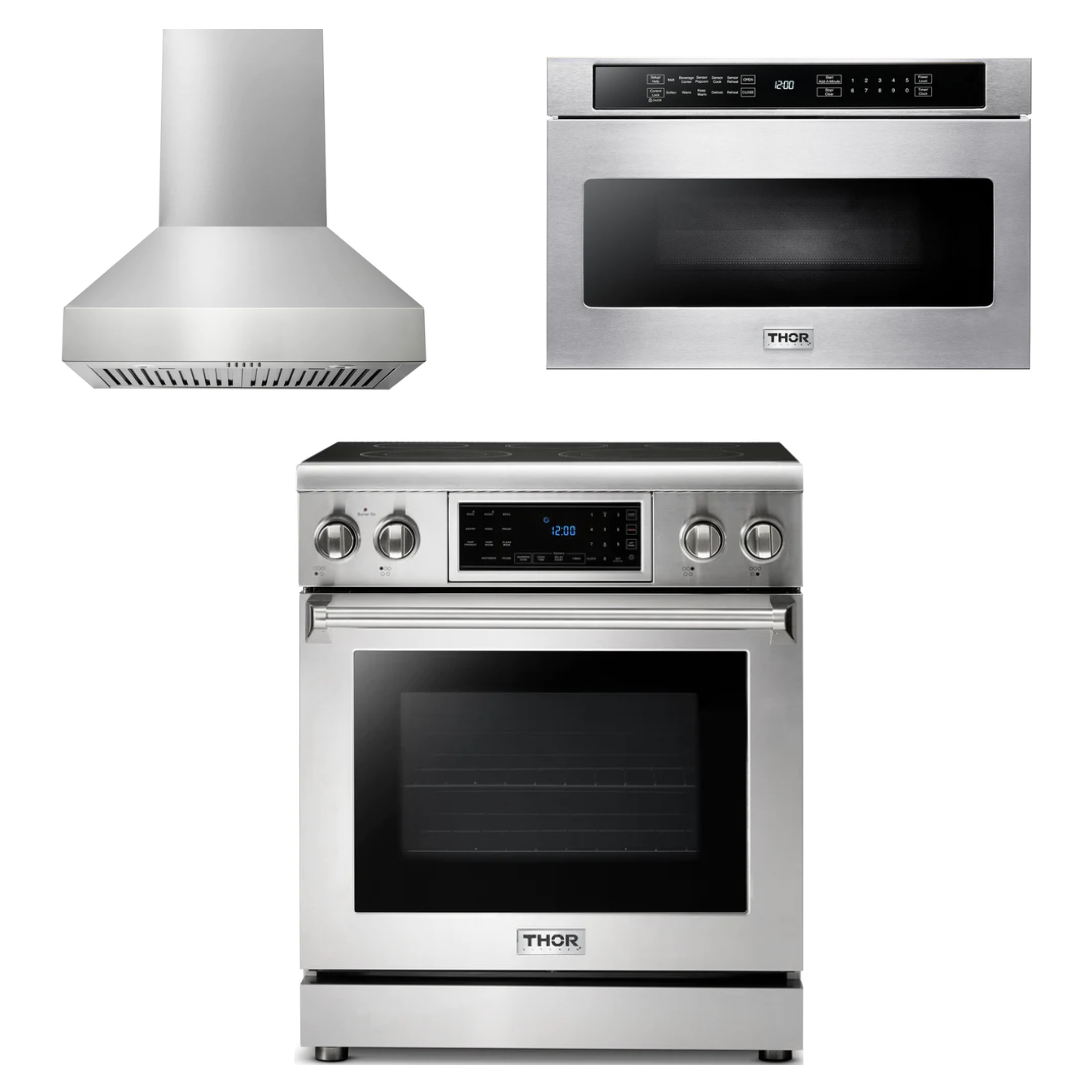 THOR Kitchen Package - 30" Electric Range, Range Hood, Microwave, AP-TRE3001-W-4