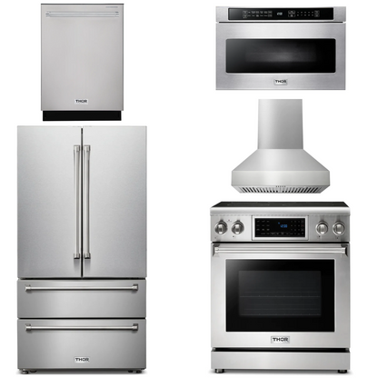THOR Kitchen Package - 30" Electric Range, Range Hood, Microwave, Refrigerator, Dishwasher, AP-TRE3001-W-5