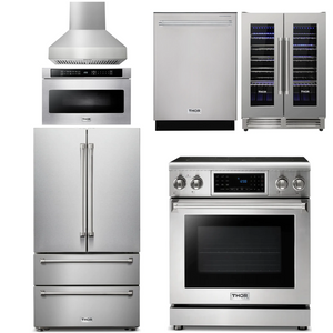 THOR Kitchen Package - 30" Electric Range, Range Hood, Microwave, Refrigerator, Dishwasher, Wine Cooler, AP-TRE3001-W-6
