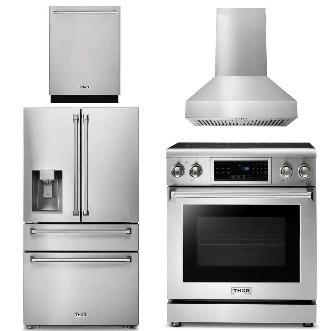 THOR Kitchen Package - 30" Electric Range, Range Hood, Refrigerator with Water and Ice Dispenser, Dishwasher, AP-TRE3001-W-7