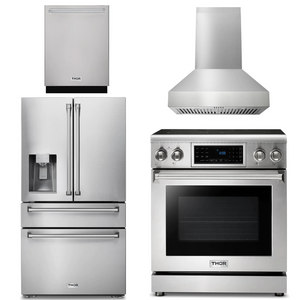 THOR Kitchen Package - 30" Electric Range, Range Hood, Refrigerator with Water and Ice Dispenser, Dishwasher, AP-TRE3001-W-7