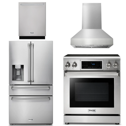 THOR Kitchen Package - 30" Electric Range, Range Hood, Refrigerator with Water and Ice Dispenser, Dishwasher, AP-TRE3001-W-7