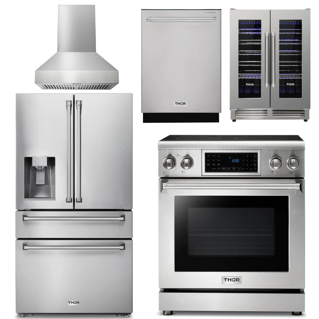THOR Kitchen Package - 30" Electric Range, Range Hood, Refrigerator with Water and Ice Dispenser, Dishwasher, Wine Cooler, AP-TRE3001-W-8