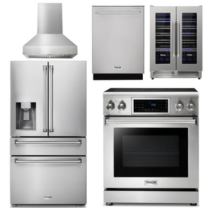 THOR Kitchen Package - 30" Electric Range, Range Hood, Refrigerator with Water and Ice Dispenser, Dishwasher, Wine Cooler, AP-TRE3001-W-8