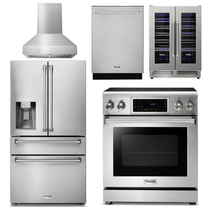 THOR Kitchen Package - 30" Electric Range, Range Hood, Refrigerator with Water and Ice Dispenser, Dishwasher, Wine Cooler, AP-TRE3001-W-8