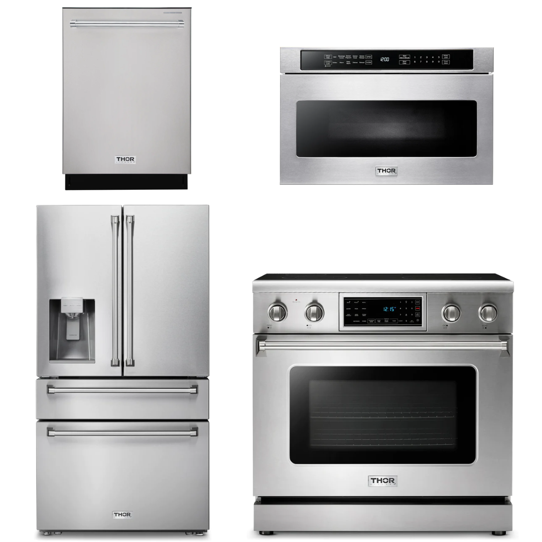 THOR Kitchen Package - 36" Electric Range, Microwave, Refrigerator with Water and Ice Dispenser, Dishwasher, AP-TRE3601-12