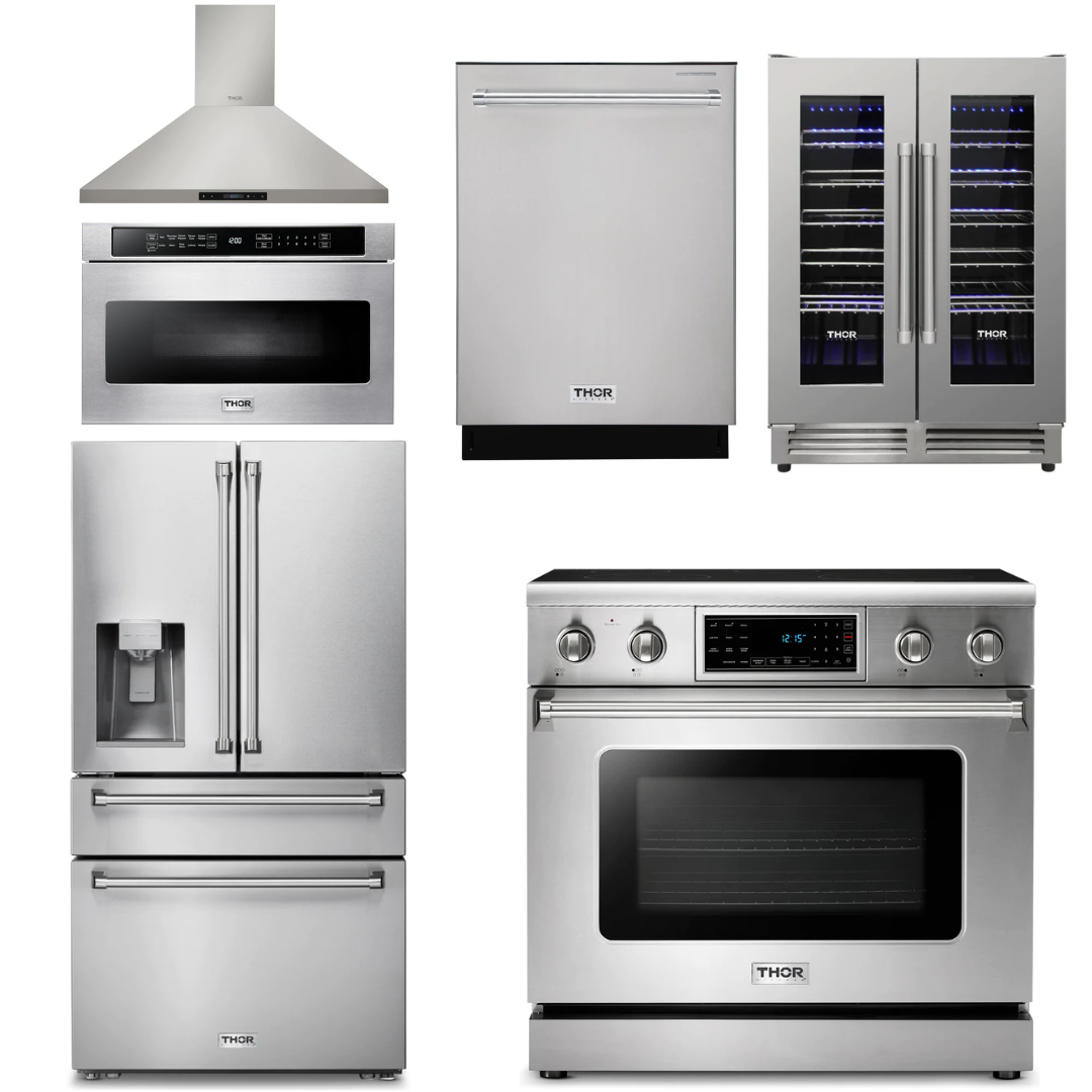 THOR Kitchen Package - 36" Electric Range, Range Hood, Microwave, Refrigerator with Water and Ice Dispenser, Dishwasher, Wine Cooler, AP-TRE3601-14