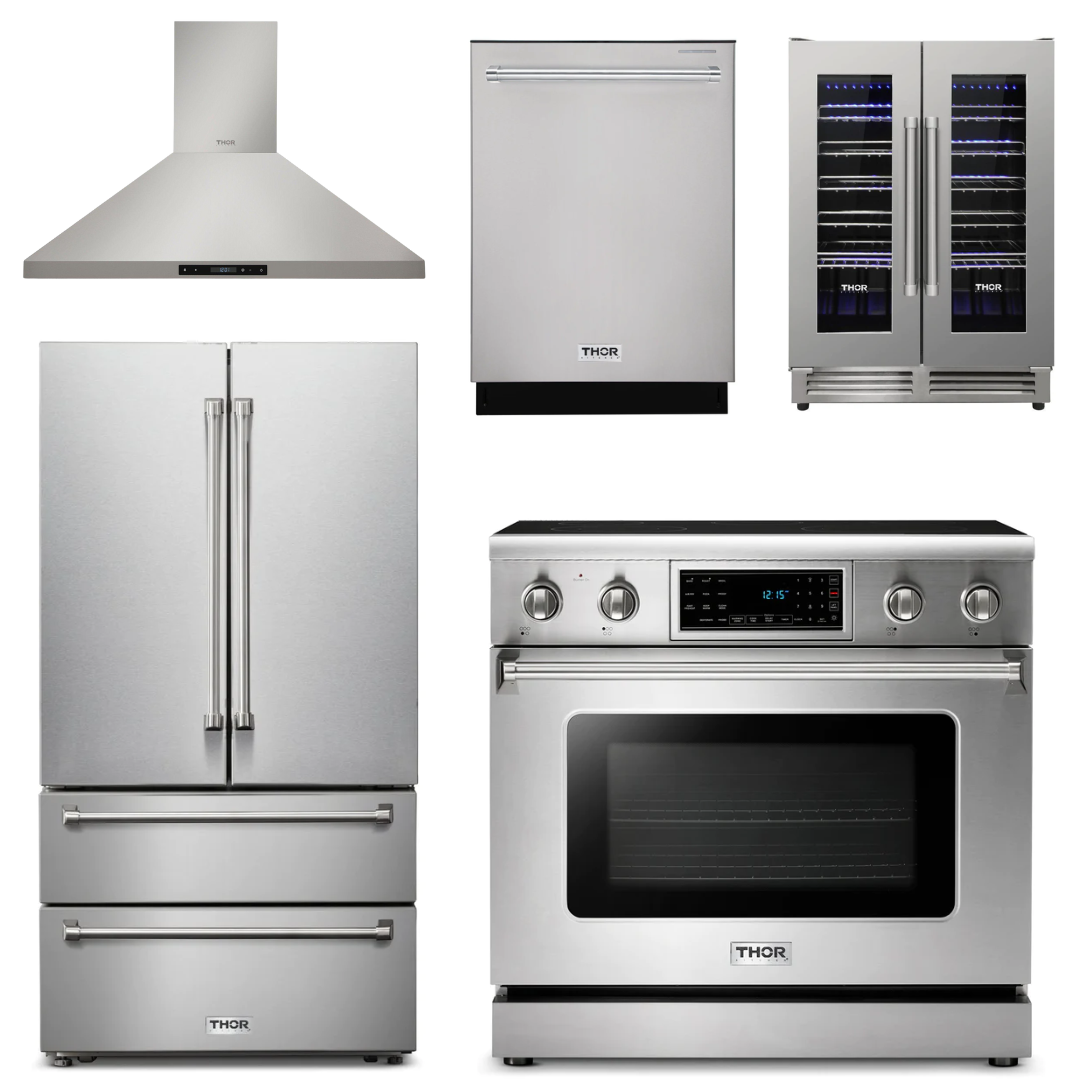 THOR Kitchen Package - 36" Electric Range, Range Hood, Refrigerator, Dishwasher, Wine Cooler, AP-TRE3601-4