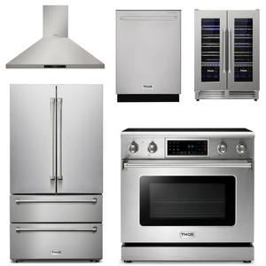 THOR Kitchen Package - 36" Electric Range, Range Hood, Refrigerator, Dishwasher, Wine Cooler, AP-TRE3601-4