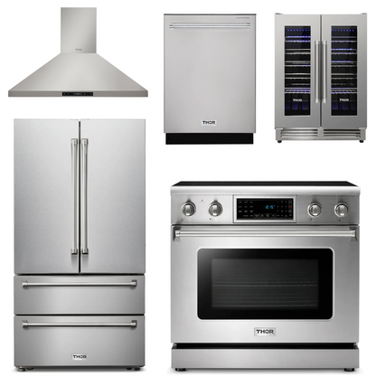 THOR Kitchen Package - 36" Electric Range, Range Hood, Refrigerator, Dishwasher, Wine Cooler, AP-TRE3601-4