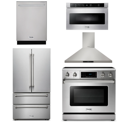 THOR Kitchen Package - 36" Electric Range, Range Hood, Microwave, Refrigerator, Dishwasher, AP-TRE3601-7