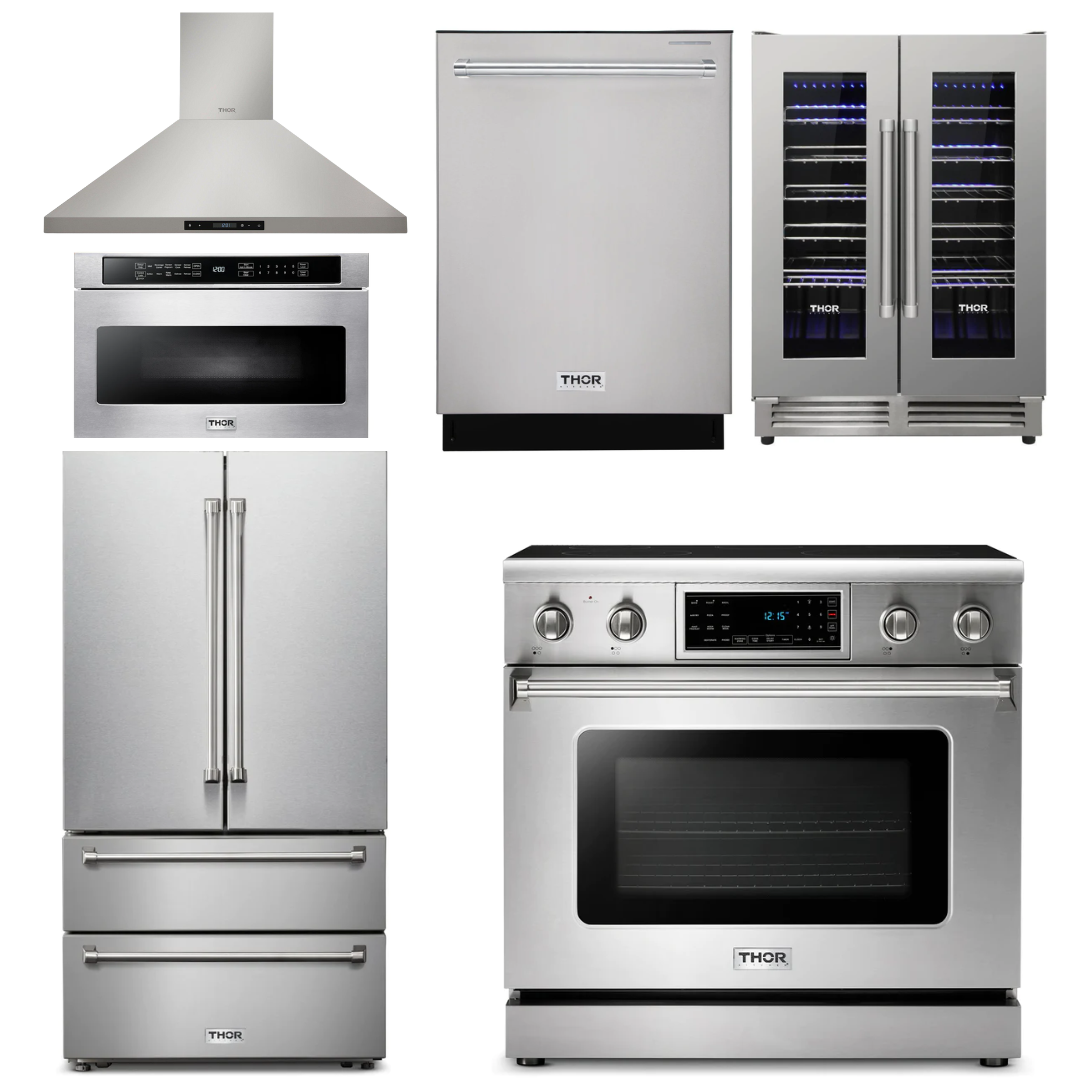 THOR Kitchen Package - 36" Electric Range, Range Hood, Microwave, Refrigerator, Dishwasher, Wine Cooler, AP-TRE3601-8