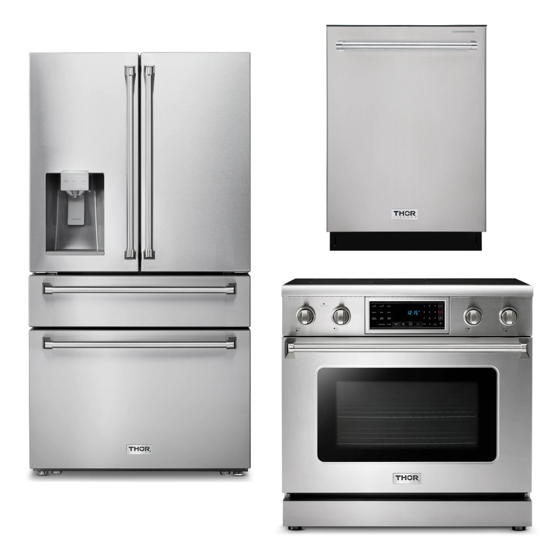 THOR Kitchen Package - 36" Electric Range, Refrigerator with Water and Ice Dispenser, Dishwasher, AP-TRE3601-9